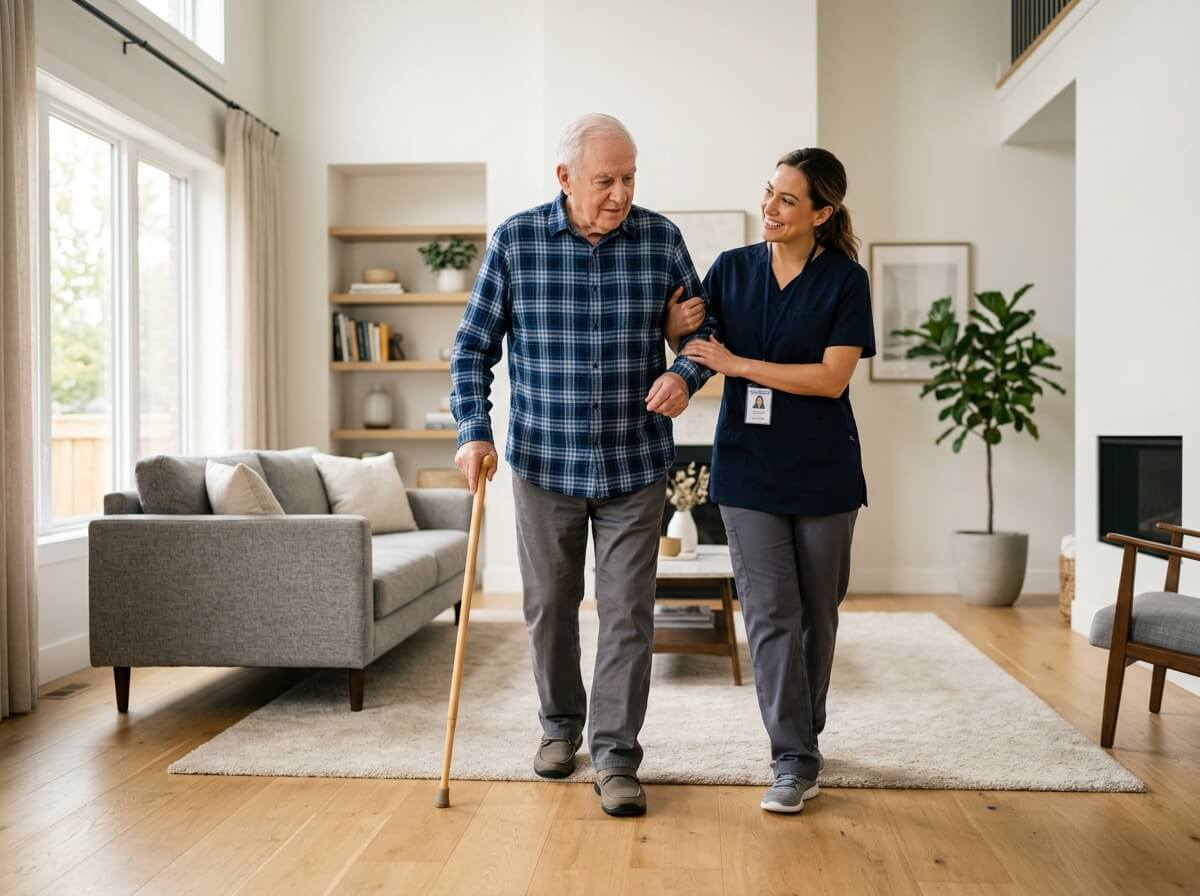 A warm moment between a caregiver and an elderly woman at home — The Carez daily companion service